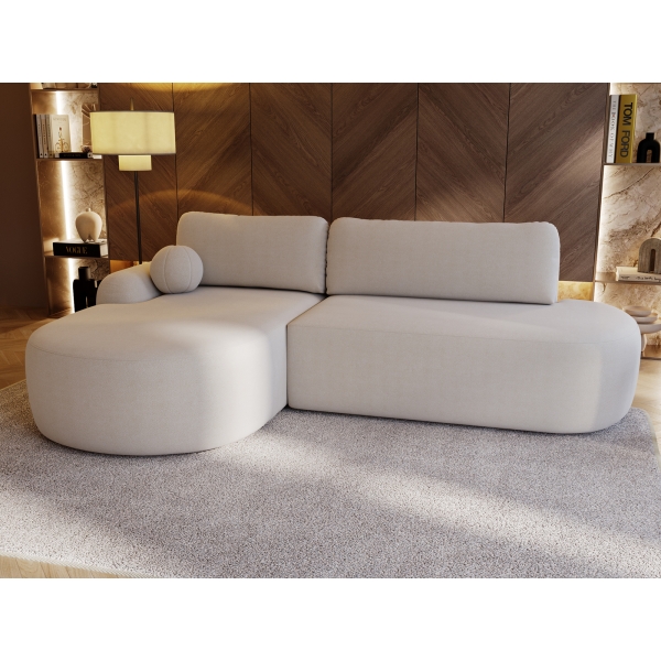 NAROŻNIK ROZKŁADANY Z FUNCKJĄ SPANIA AGAT O W KREMOWEJ TKANINIE - W ARANŻACJI